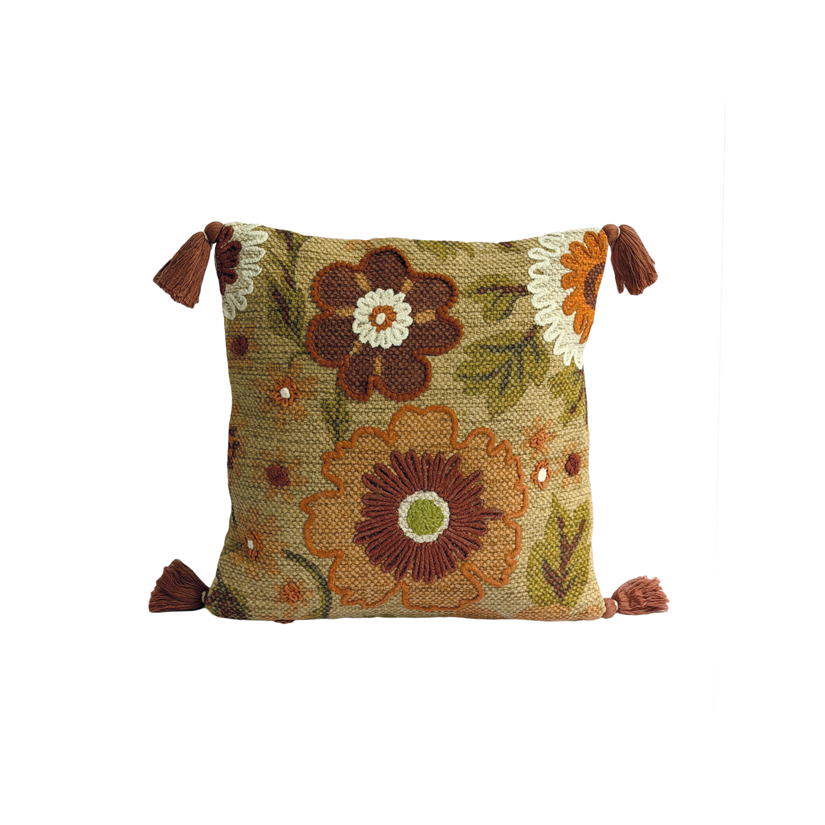 Coussin Terracotta Fleuri à Pompoms 45x45 cm - Opjet