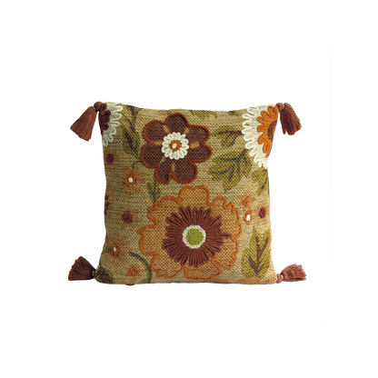 Coussin Terracotta Fleuri à Pompoms 45x45 cm - Opjet