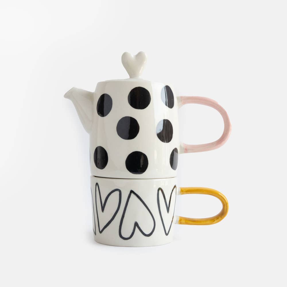 Ensemble théière et tasse 'Tea For One' Spot/Heart en boîte
