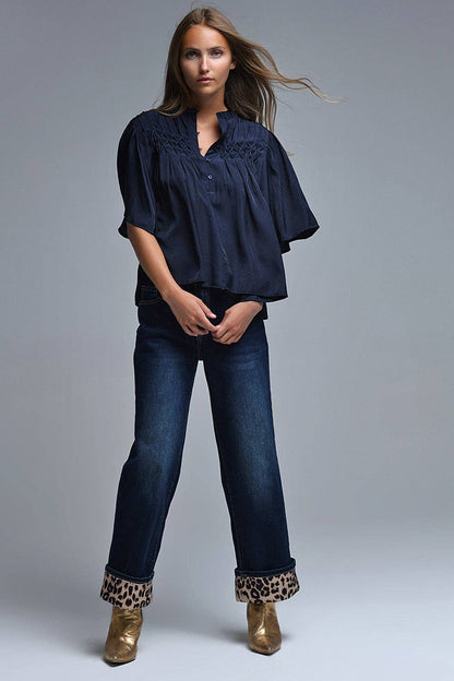 Blouse bohème bleu marine décontractée avec détails brodés