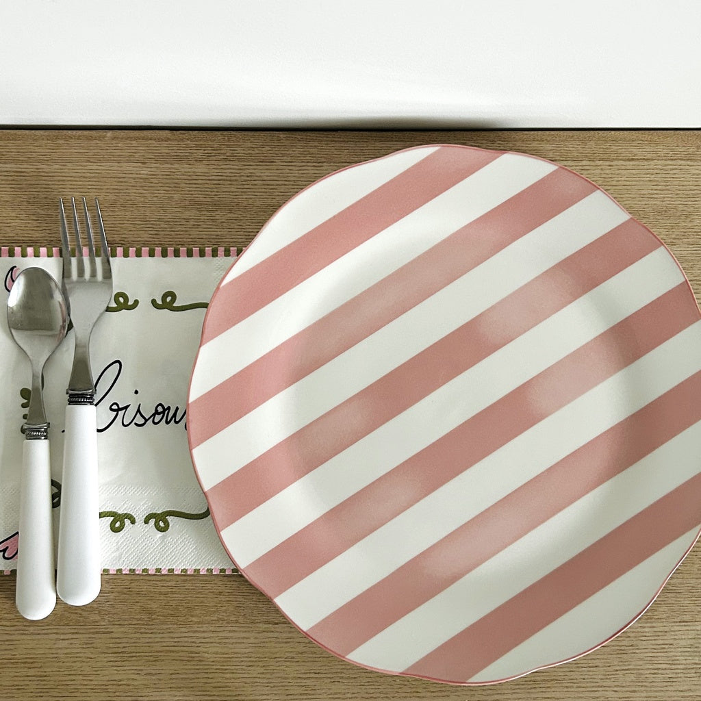 Set de 4 Assiettes Plates Trattoria Motif Rayé Sable, Rose, Bleu ou Kaki - Opjet