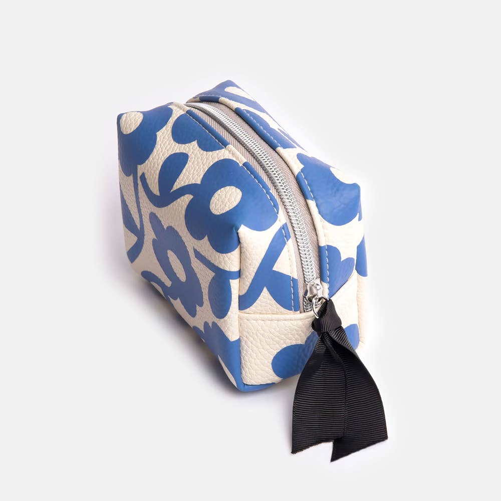 Trousse Cosmétique Mini Cube Fleur Mono Bleue
