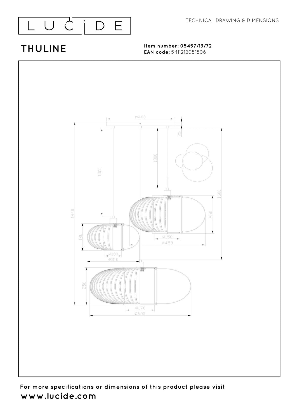 Suspension Thuline 3 Sources de Lumière Bois Clair Japandi  - Lucide