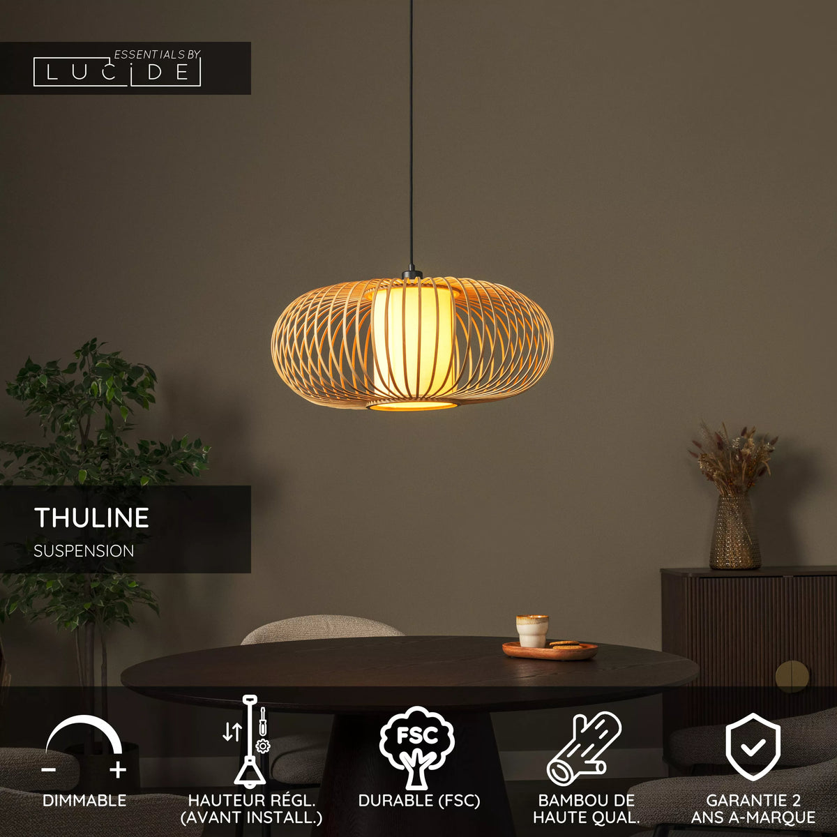 Suspension en Bois Clair Thuline Style Japandi  D.60 cm - Lucide