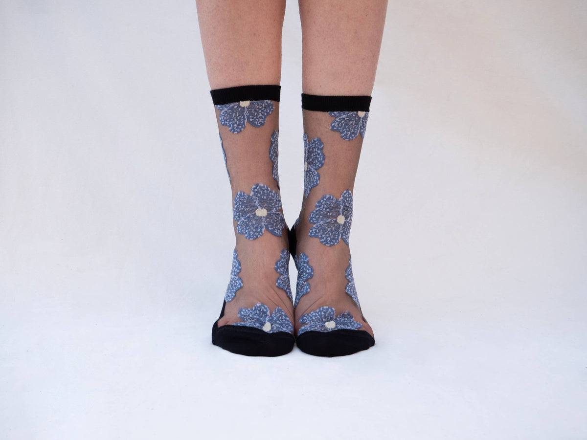Chaussettes Transparentes Fleurs Bleues ou Mauve Murano - Atelier St Eustache