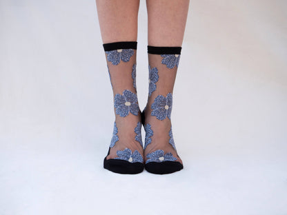 Chaussettes Transparentes Fleurs Bleues ou Mauve Murano - Atelier St Eustache