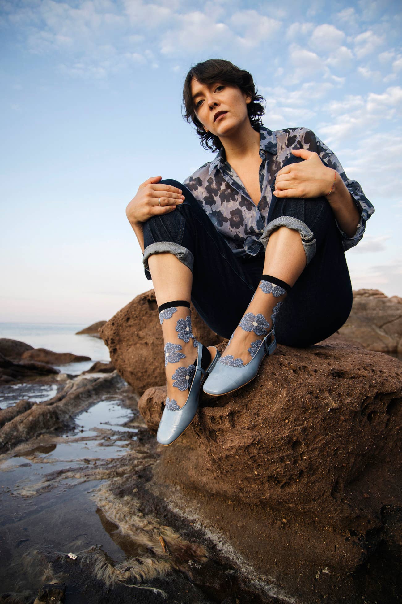 Chaussettes Transparentes Fleurs Bleues ou Mauve Murano - Atelier St Eustache