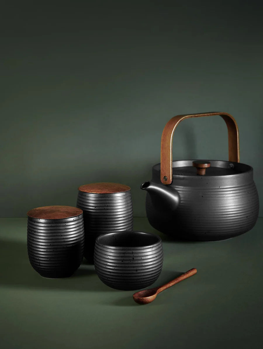 Théière en Porcelaine Noir avec Anse en Bois Japandi - ASA