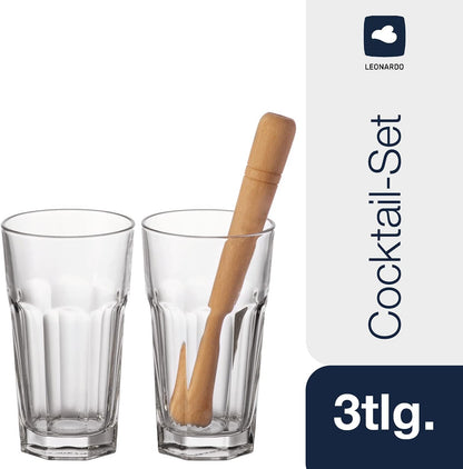 Set de 2 Verres à Cocktail Long Drink Rock & Pilon en Bois - Leonardo